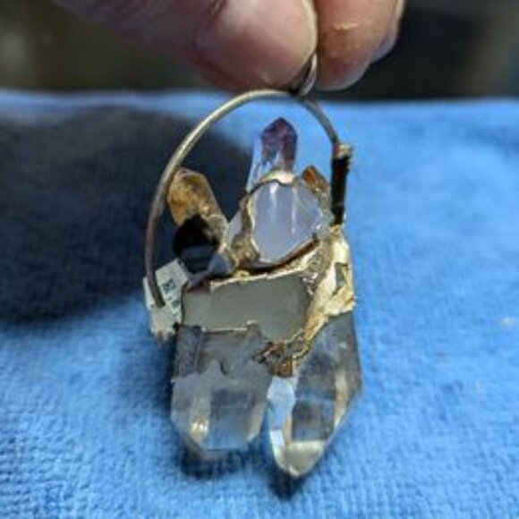 Sterling Silver & Goldtone 2 Large Quartz Crystals an Other Gemstones Pendant - Picture 3 of 8